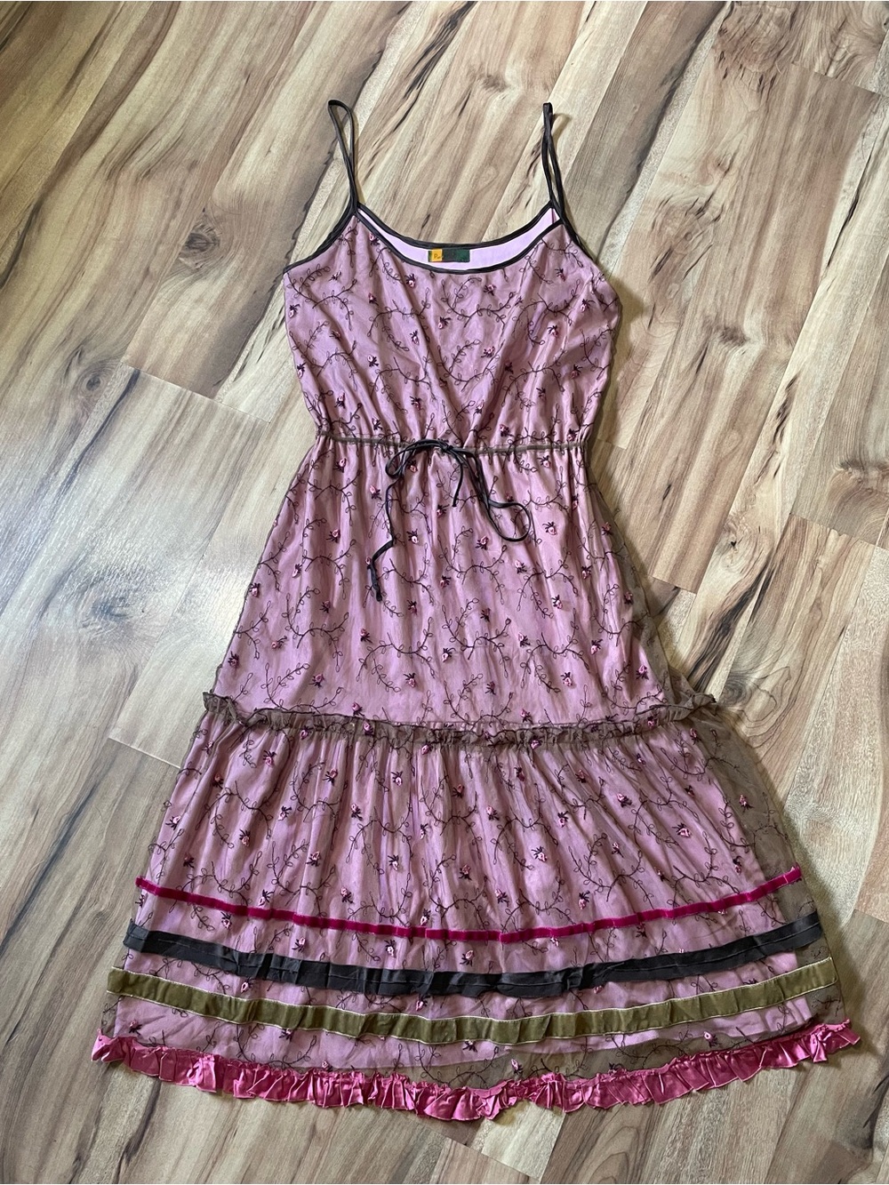 Y2K Petro Zillia Fairycore Dusty Pink Floral Silk Mesh Slip Dress Tiered Sz M